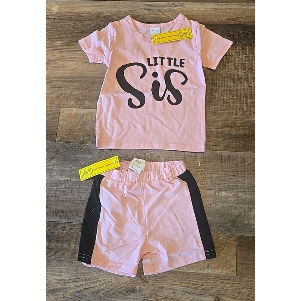 NWT 2pcs Baby LITTLE SIS Print Short Sleeve Summer Outfits Set 9-12 MONTHS